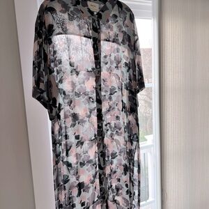 Sheer Floral Button-Up Top/Tunic- Black and Pink